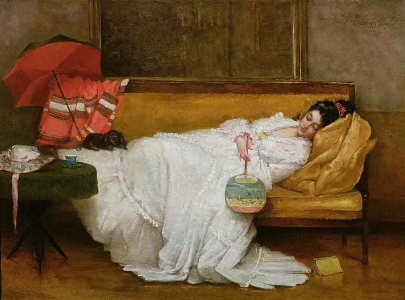 Girl in a White Dress Resting on a Sofa - Alfred Emile Stevens