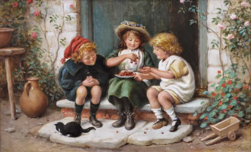 Three Children and a Kitten - Joseph Clark