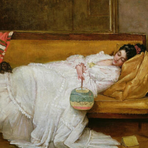 Girl in a White Dress Resting on a Sofa - Alfred Emile Stevens